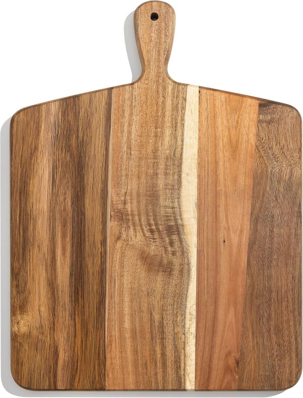 Acacia Wood Cutting Board and Chopping Board with Handle for Meat, Cheese Board, Vegetables, Bread, and Charcuterie   Decorative Wooden Serving Board for Kitchen and Dining Room, Large 17" x 13"